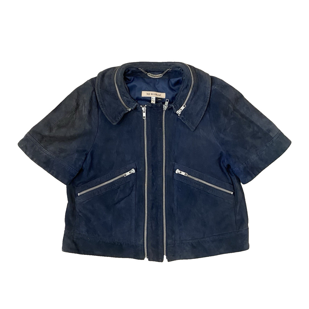 See‎ By Chloe Leather Suede Moto Zip Jacket 6 Crop Short Sleeve Navy Designer